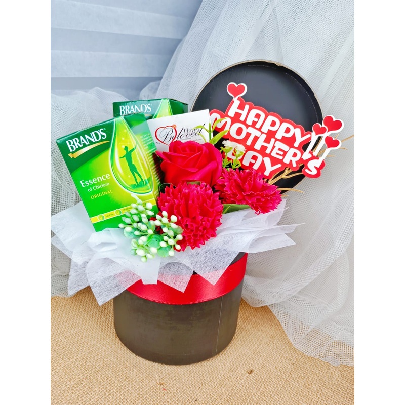 Red Artificial Soap Carnation Mixed Rose Flower With Chicken Essence Bloom Box (Klang Valley Delivery Only)