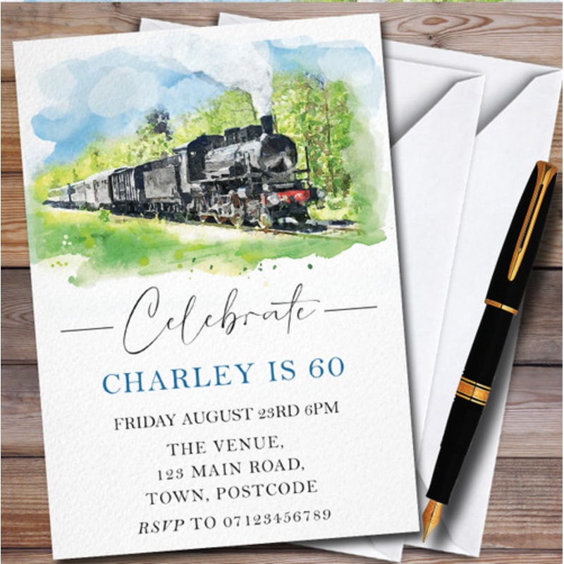 Steam Train Watercolour Personalised Birthday Party Invitations – The Card Zoo
