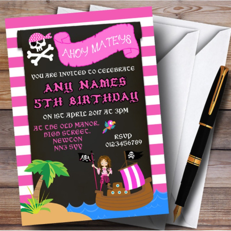 Stripy Pink Girls Pirate Children’s Birthday Party Invitations – The Card Zoo