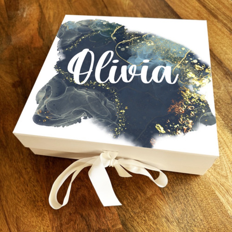 Square Gold Foil and Navy Watercolour Marble Swirl Birthday Personalised Gift Box – The Card Zoo