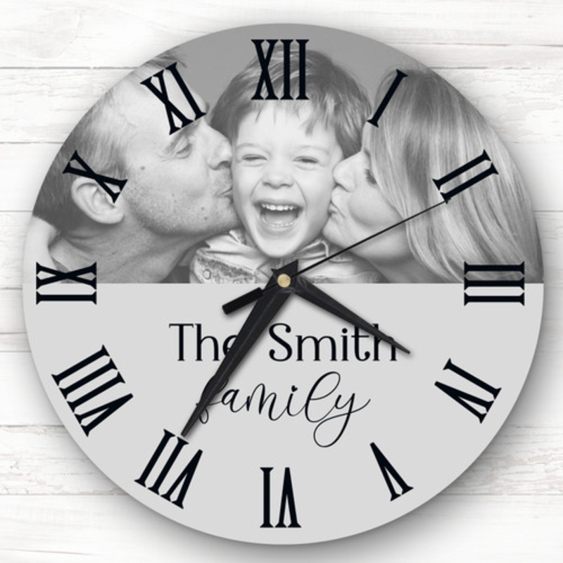 Grey Semicircle Photo Family Name Personalised Gift Personalised Clock – The Card Zoo