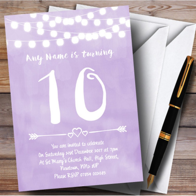Purple Lilac Lights 10th Personalised Birthday Party Invitations – The Card Zoo
