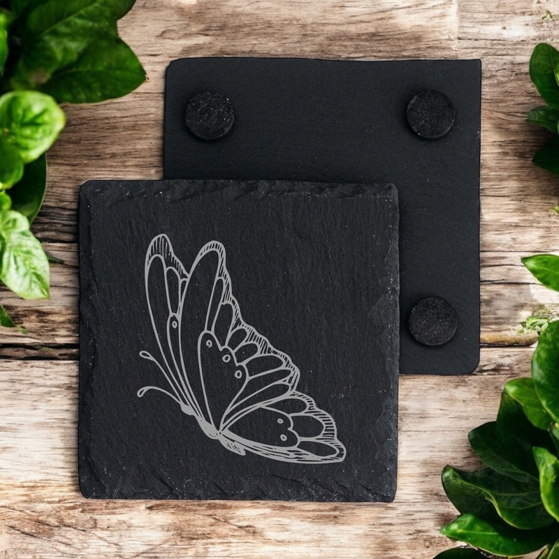 Set of 2 Butterfly Engraved Slate Stone Drink Coasters
