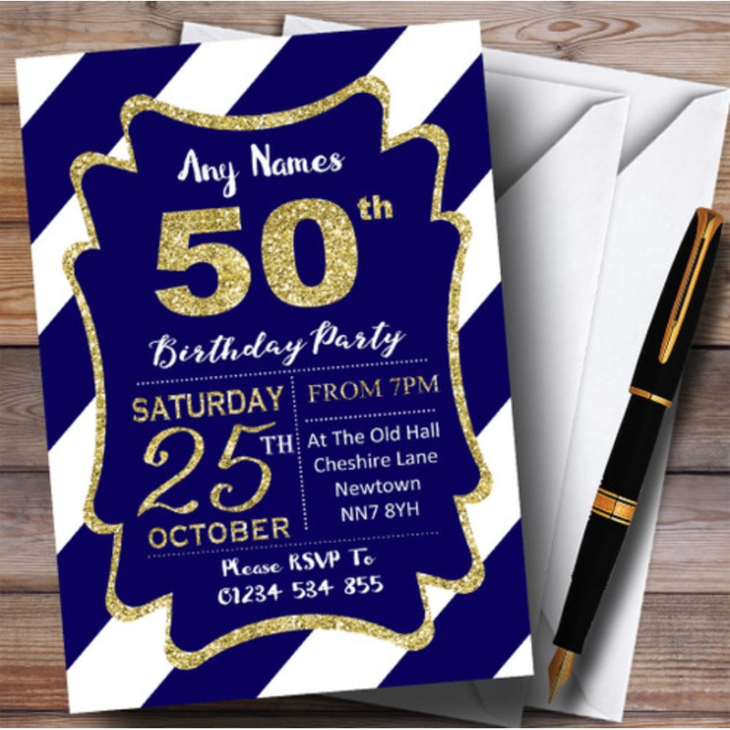 Blue White Diagonal Stripes Gold 50th Personalised Birthday Party Invitations – The Card Zoo