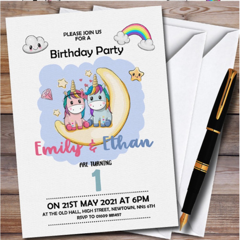 Boy Girl Twins Unicorns Personalised Children’s Kids Birthday Party Invitations – The Card Zoo