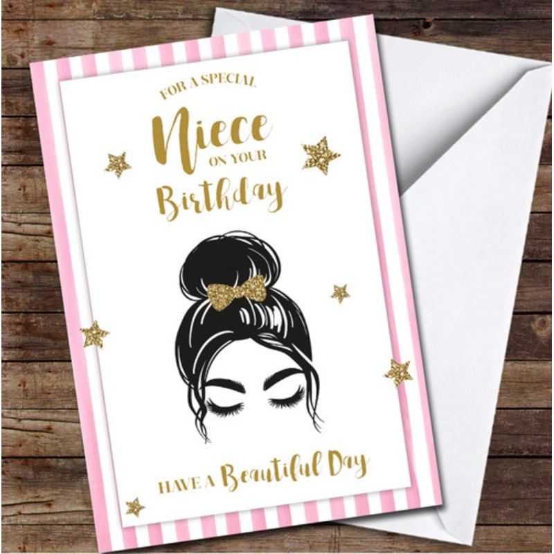 Niece Birthday Beauty Glamour Hair Silhouette Pink Stripes Personalised Card – The Card Zoo