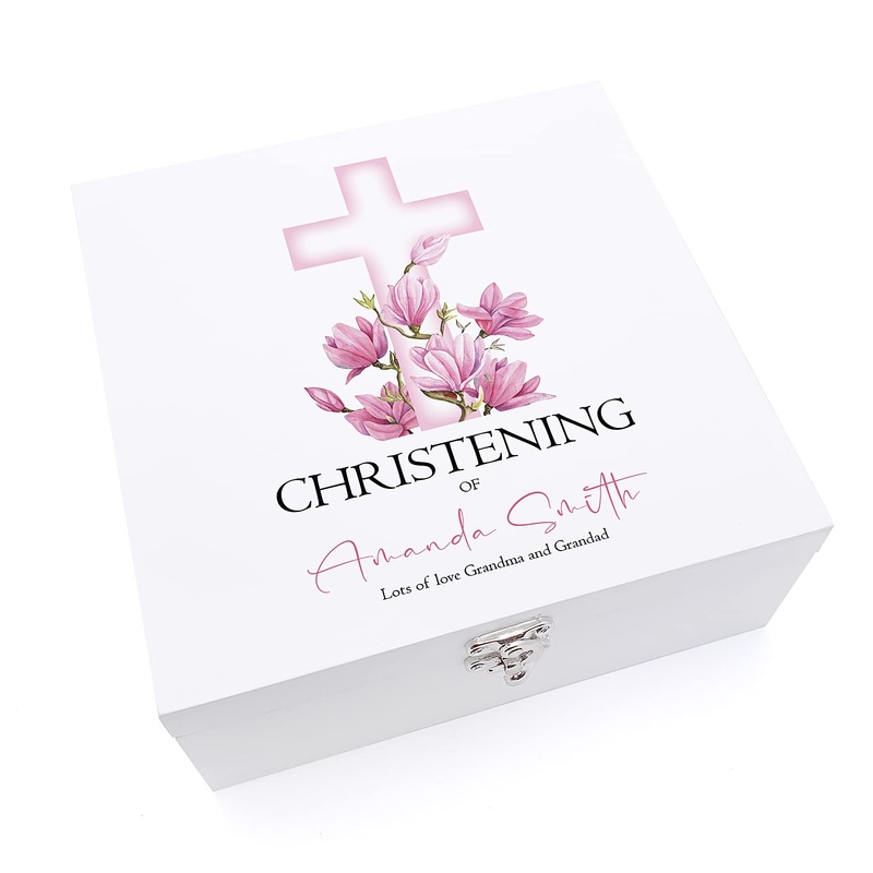 Personalised Christening Day Wooden Keepsake Memory Box With Pink Cross