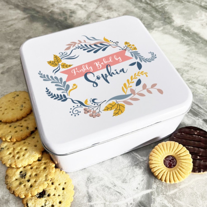 Personalised Square Branches Freshly Baked By Biscuit Sweets Cake Treat Tin – The Card Zoo
