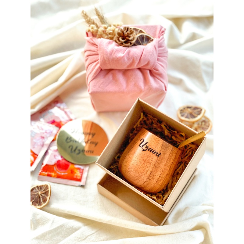 Sakura Peach | Personalized Wooden Cup With Golden Teaspoon Set (Nationwide Delivery)