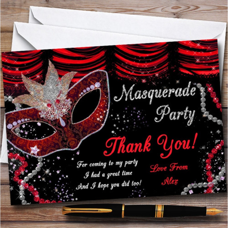 Red and Black Mask Masquerade Ball Personalised Party Thank You Cards – The Card Zoo