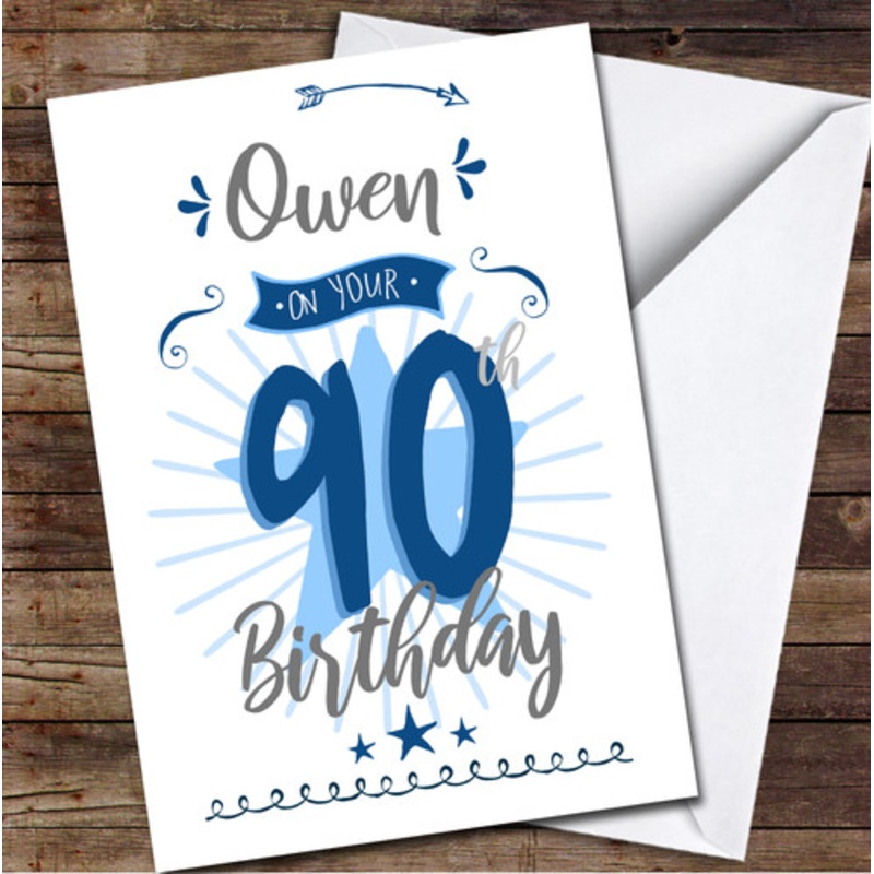 90th Birthday Male Blue Text Personalised Birthday Card – The Card Zoo