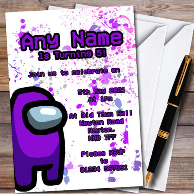 Among Us Purple Splatter Art Children’s Personalised Birthday Party Invitations – The Card Zoo