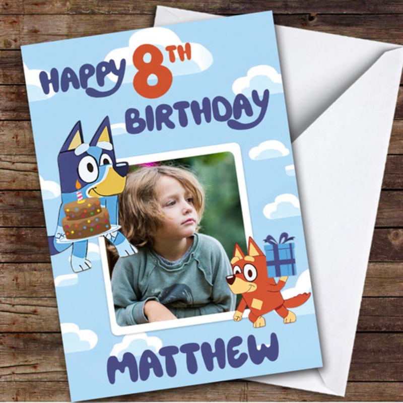 Bluey Boy’s Blue Sky Photo Any Age Children’s Personalised Kid’s Birthday Card – The Card Zoo
