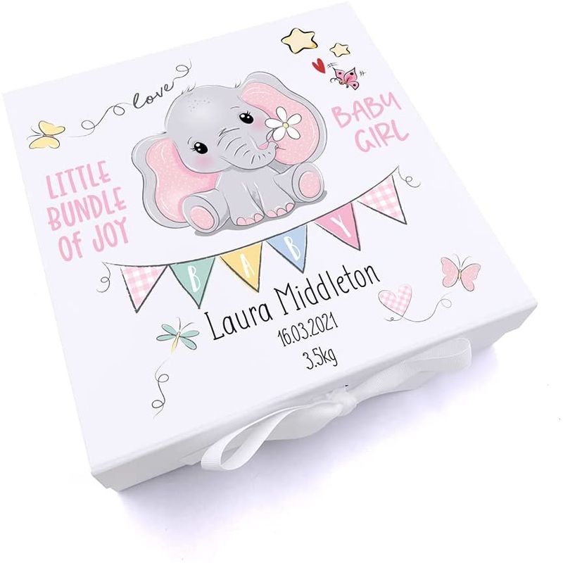 Personalised Baby Girl Keepsake Memory Box Elephant Design