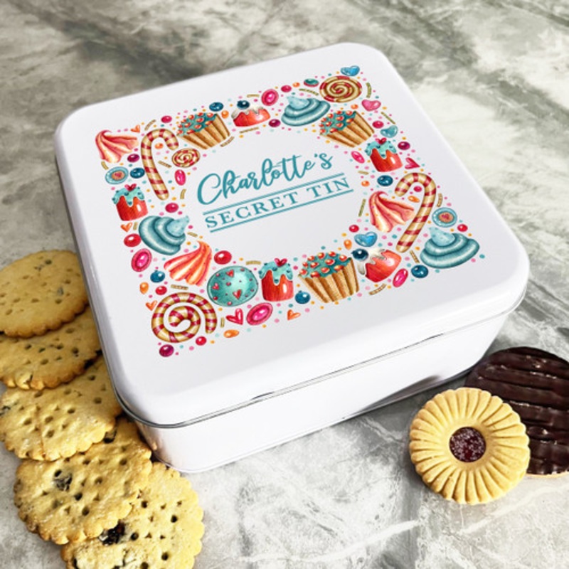 Personalised Square Sweets Pastry Secret Biscuit Sweets Cake Treat Tin – The Card Zoo