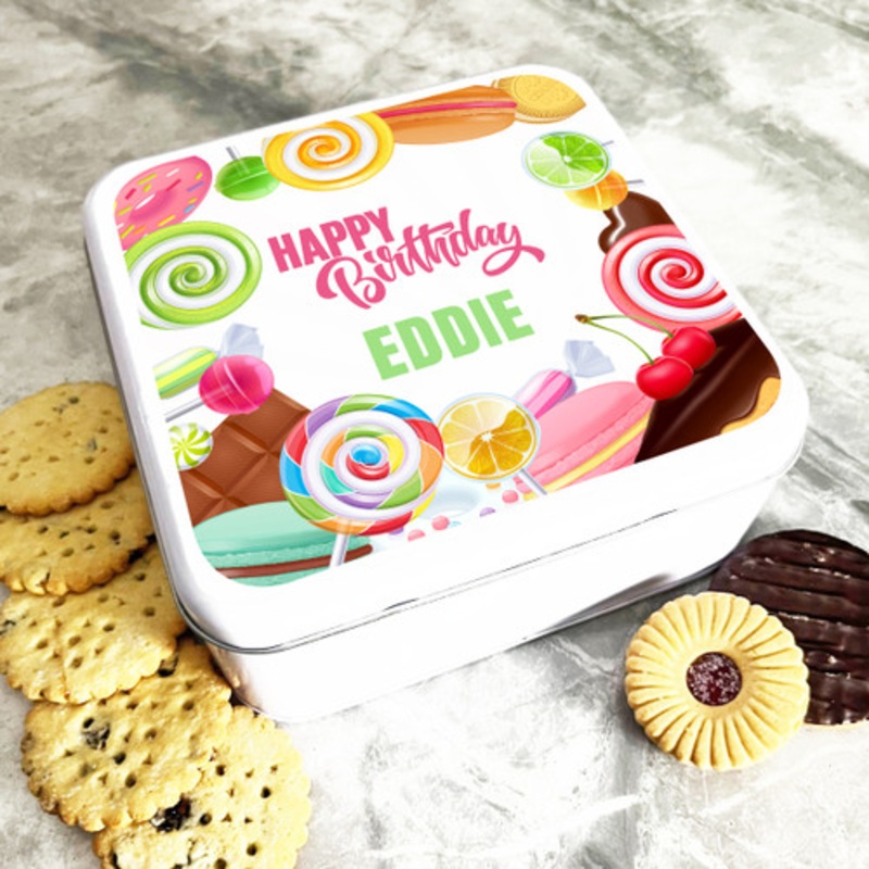 Square Bright Colourful Sweets Birthday Personalised Treat Tin – The Card Zoo