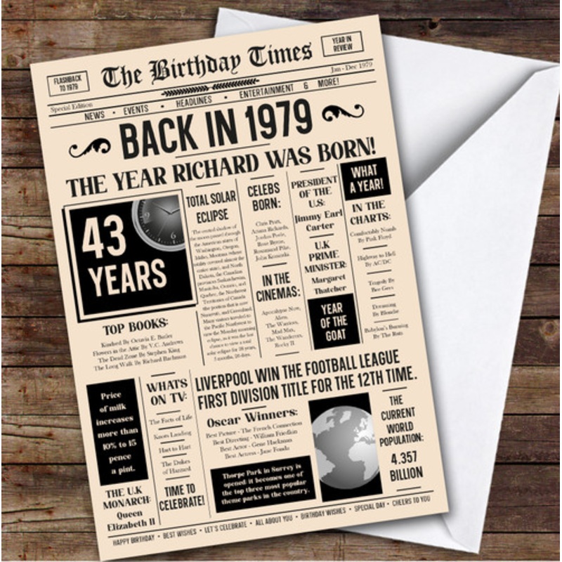 1979 Newspaper Any Age Any Year You Were Born Facts Personalised Birthday Card – The Card Zoo