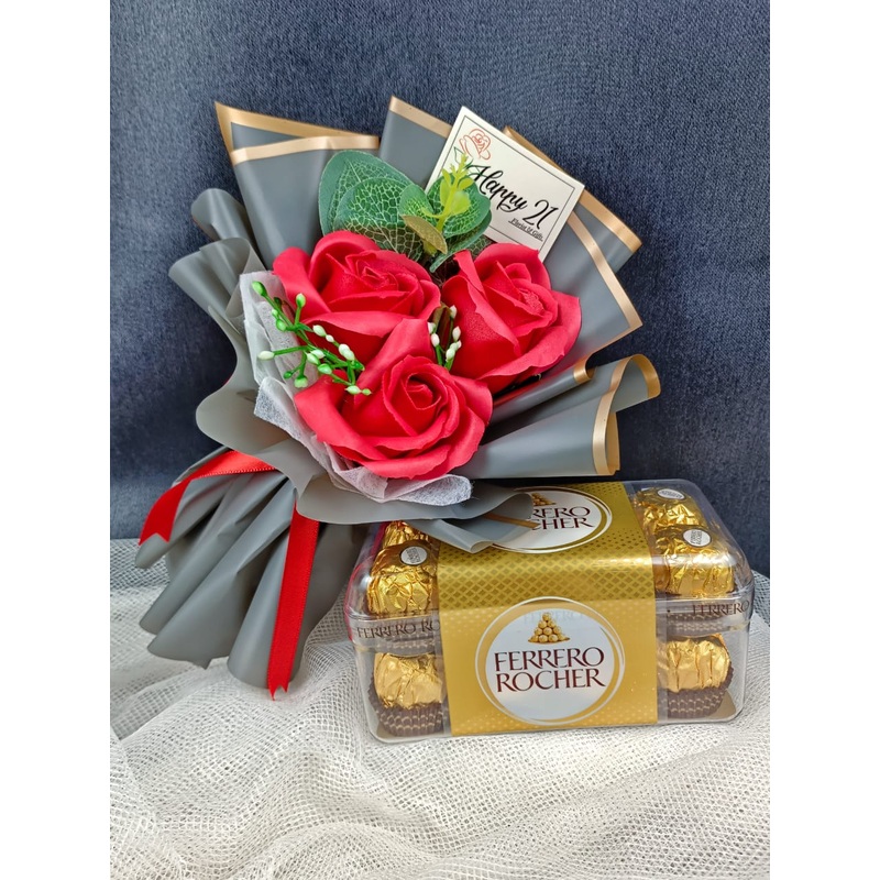 3 Stalks Soap Roses With Ferrero Rocher (Artificial Flower) | (Klang Valley Delivery Only)