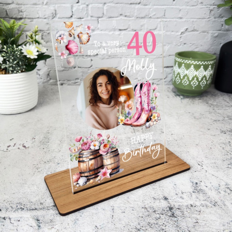 40th Birthday Gift Pink Floral Cowgirl Boots Photo Personalised Gift Plaque – The Card Zoo
