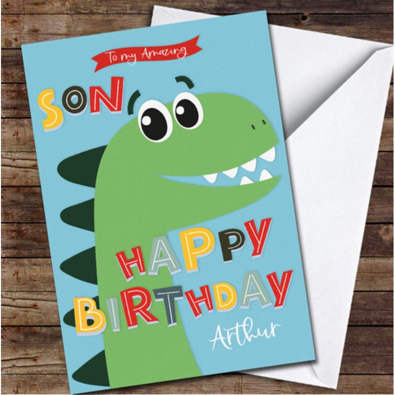 Amazing Son Birthday Cute Green Dinosaur Blue Personalised Birthday Card – The Card Zoo