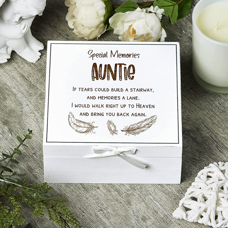 Auntie Remembrance Memory White Keepsake Box With Feather Design