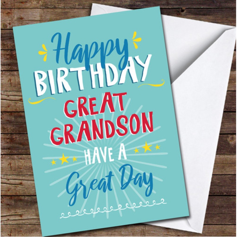 Great Grandson Happy Typography Text Bright Blue Personalised Birthday Card – The Card Zoo