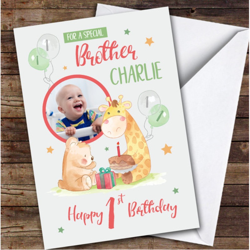 Bear Giraffe Grey Cake Photo Brother 1st Boys Custom Personalised Birthday Card – The Card Zoo