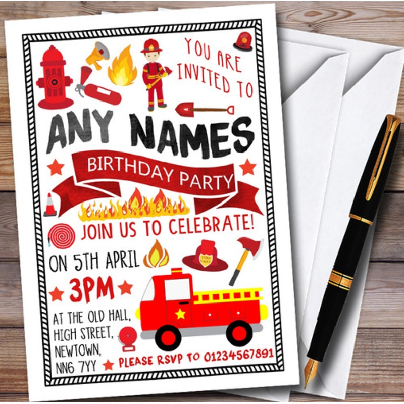Fire Engine Truck Fireman Fire Fighter Children’s Birthday Party Invitations – The Card Zoo