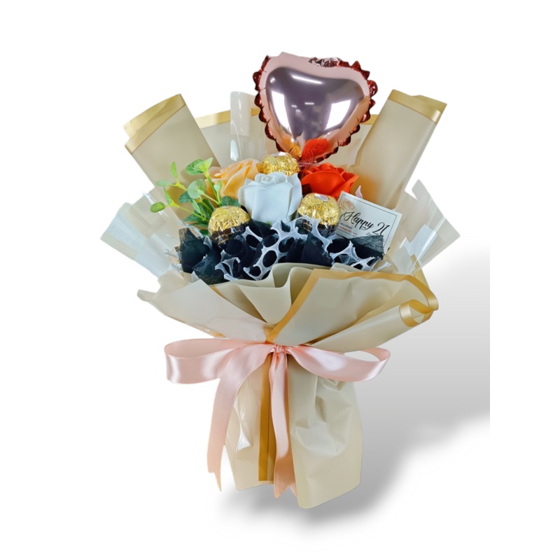 Orange Champagne Soap Roses Ferrero Rocher Bouquet Artificial Flower (Klang Valley Delivery)