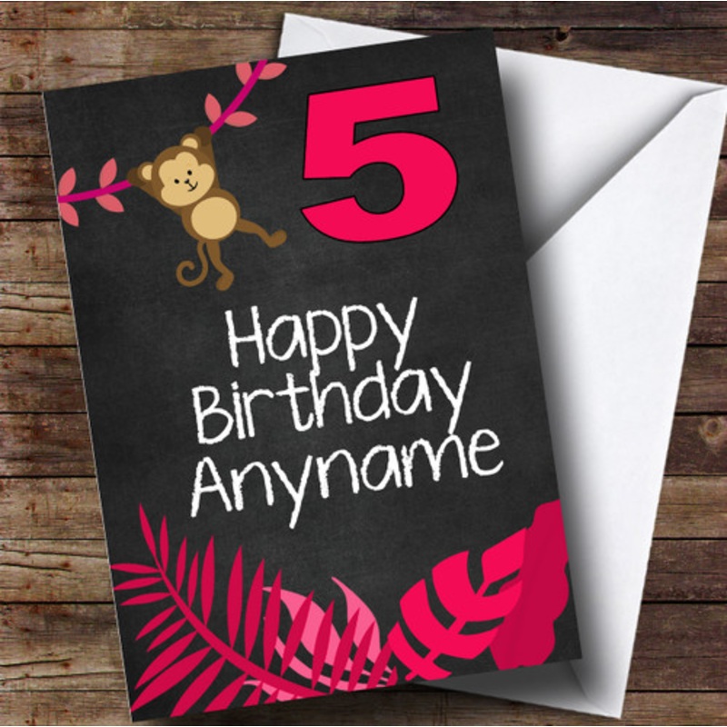 Pink Girls Monkey Children’s Birthday Personalised Card – The Card Zoo