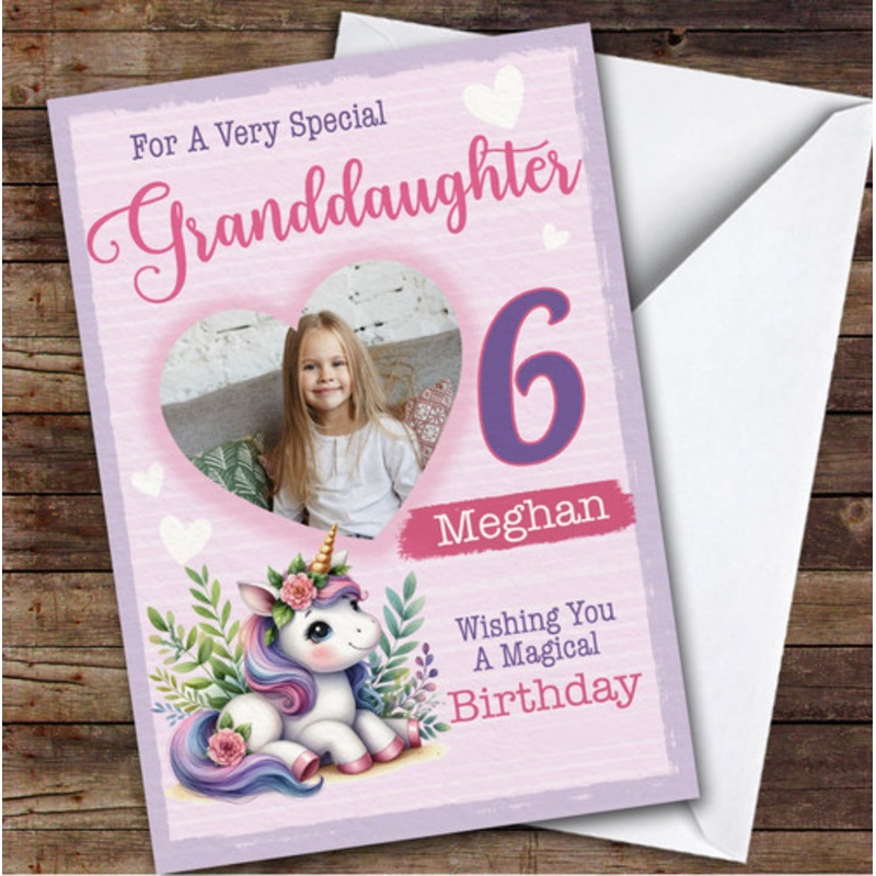 6th Granddaughter Floral Unicorn Heart Photo Custom Personalised Birthday Card – The Card Zoo