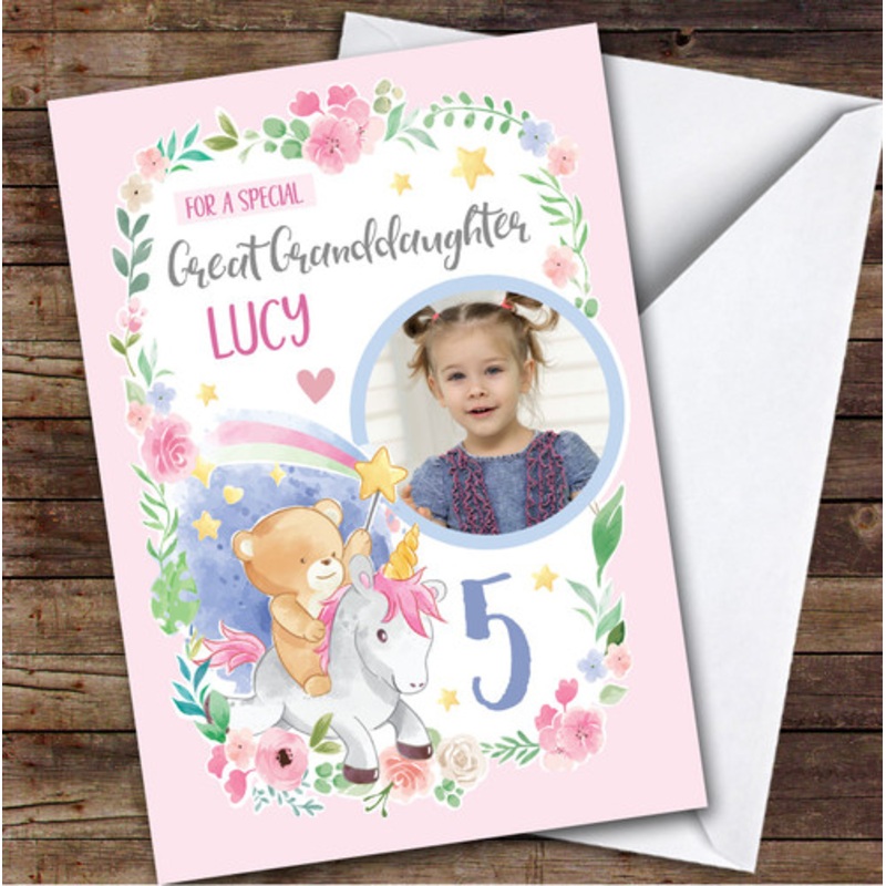 Girl’s Unicorn Pink Photo Great Granddaughter 5th Birthday Personalised Card – The Card Zoo