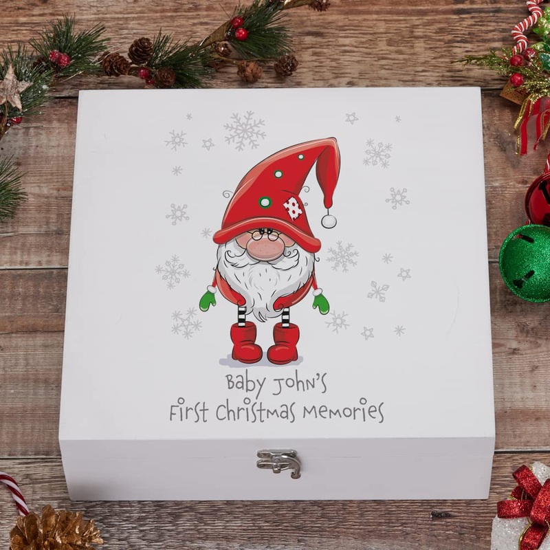 Personalised Baby’s First Christmas Wooden Keepsake Box Santa Gnome