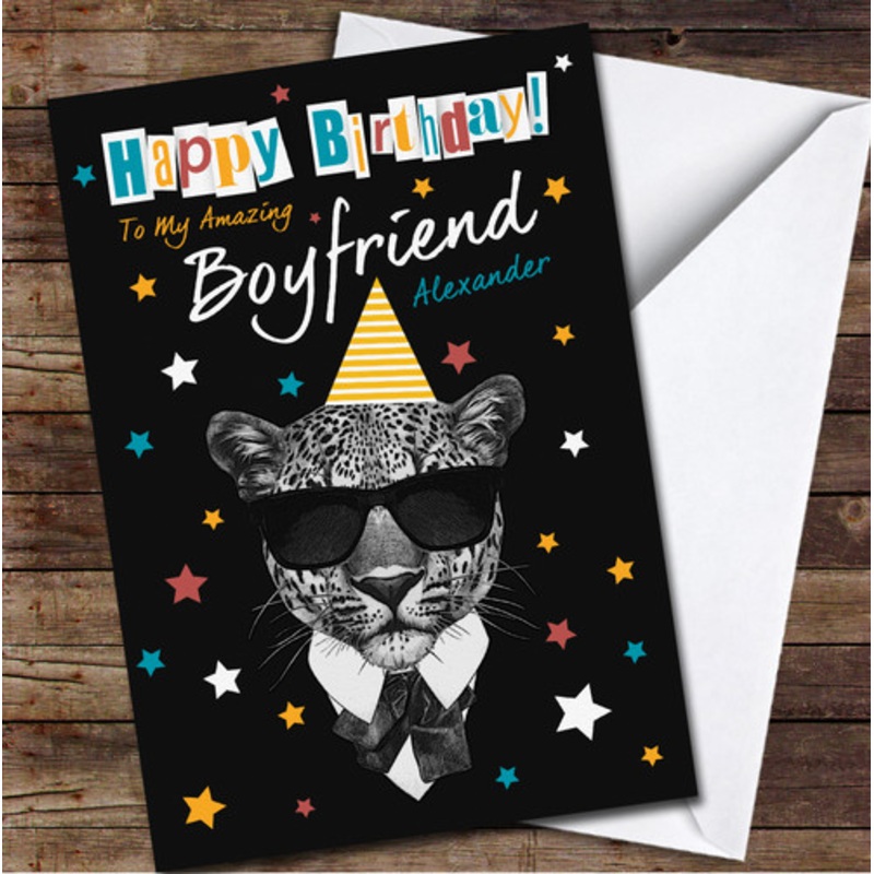 Amazing Boyfriend Birthday Leopard In Party Hat Stars Personalised Birthday Card – The Card Zoo