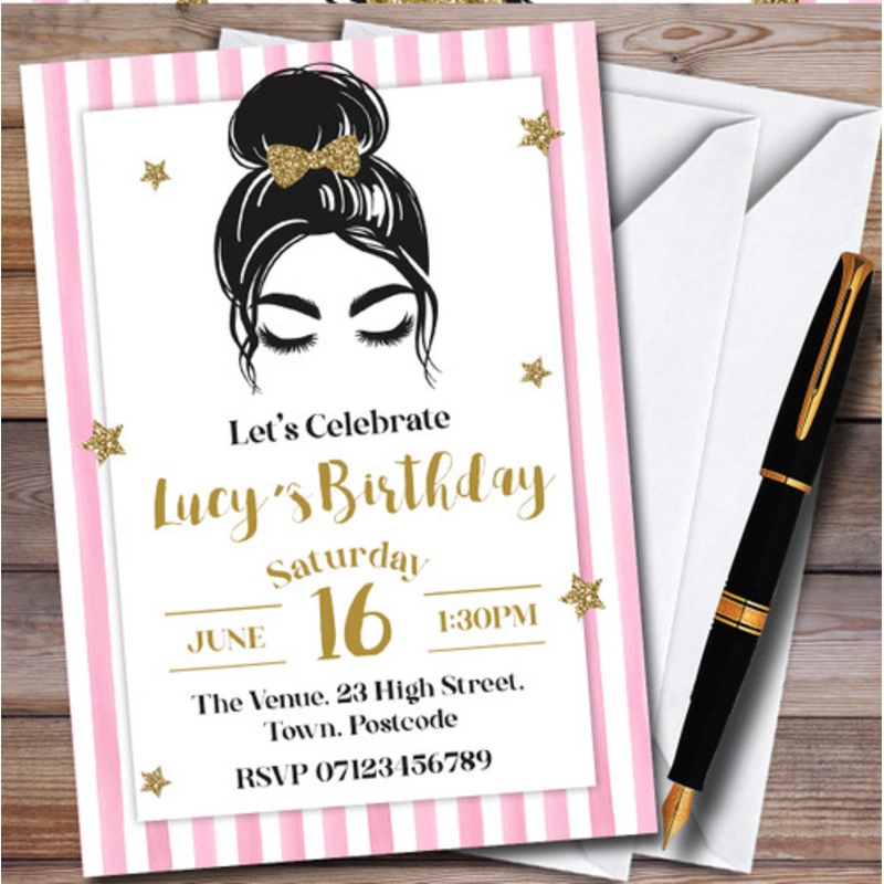 Fashion Hair Female Pink Stripe Personalised Birthday Party Invitations – The Card Zoo