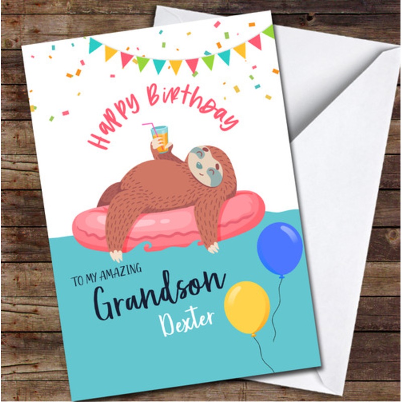 Grandson Sloth In Inflatable Tube With Cocktail Personalised Birthday Card – The Card Zoo