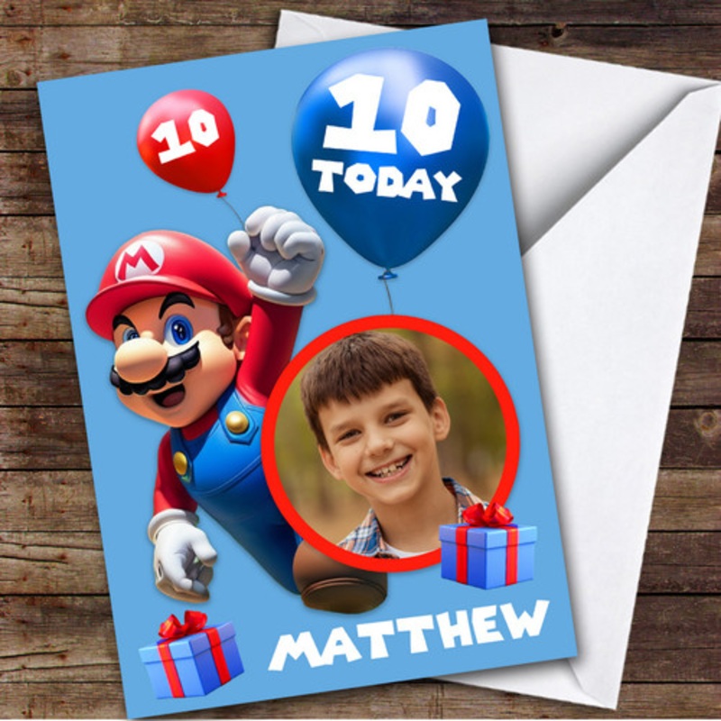 Super Mario Balloons Blue Photo Any Age Children’s Personalised Kid’s Birthday Card – The Card Zoo