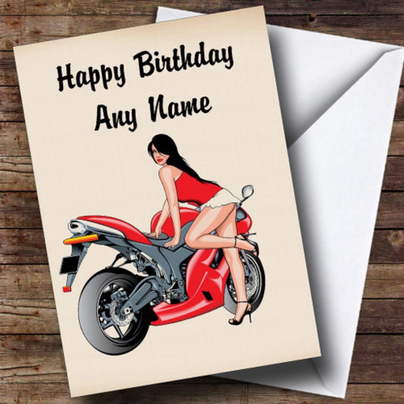 Motorbike And Sexy Lady Red Personalised Birthday Card – The Card Zoo