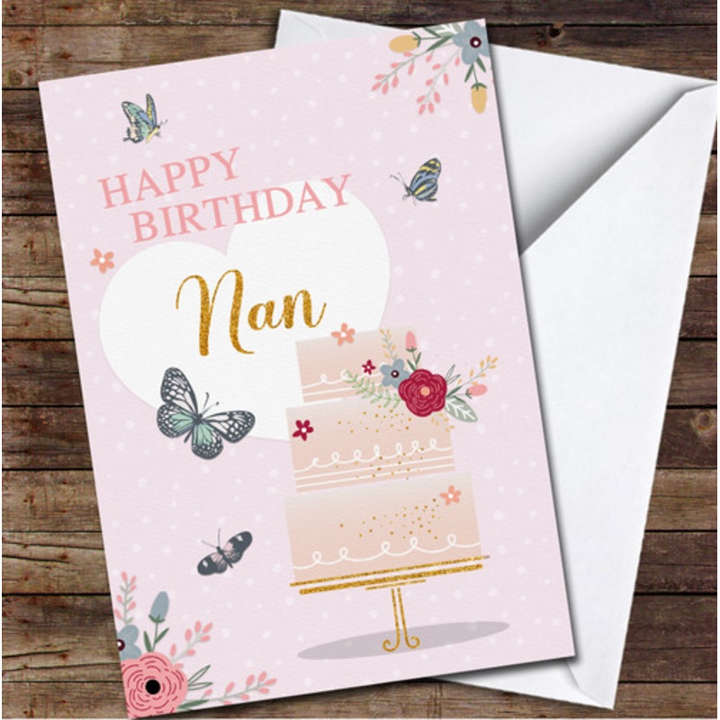 Pink Birthday Cake With Flowers Happy Birthday Nan Personalised Birthday Card – The Card Zoo