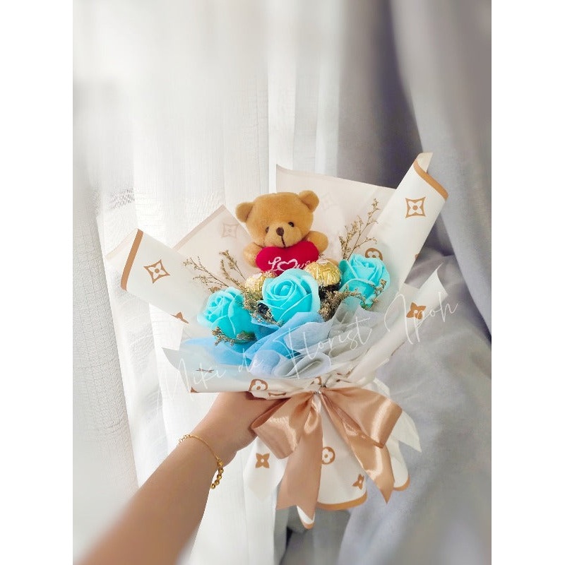 3 Soap Roses with 10cm Premium Love Bear & Ferrero Rocher Bouquet (Ipoh Delivery Only)