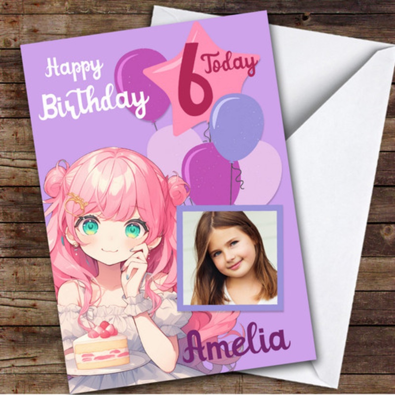 Anime Girl’s Pink Purple Cake Photo Any Age Personalised Kid’s Birthday Card – The Card Zoo
