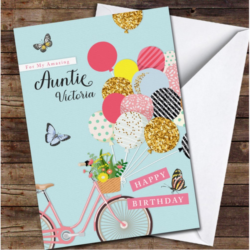 Auntie Vintage Bike With Pink Gold Bright Balloons Personalised Birthday Card – The Card Zoo