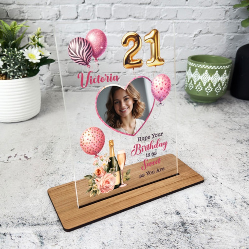 21st Birthday Gift For Her Champagne Balloons Heart Photo Personalised Plaque – The Card Zoo