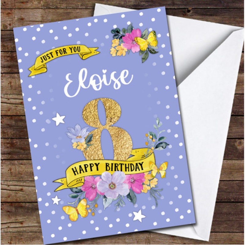 8th Girl Female Flowers Butterfly Purple Any Age Personalised Birthday Card – The Card Zoo