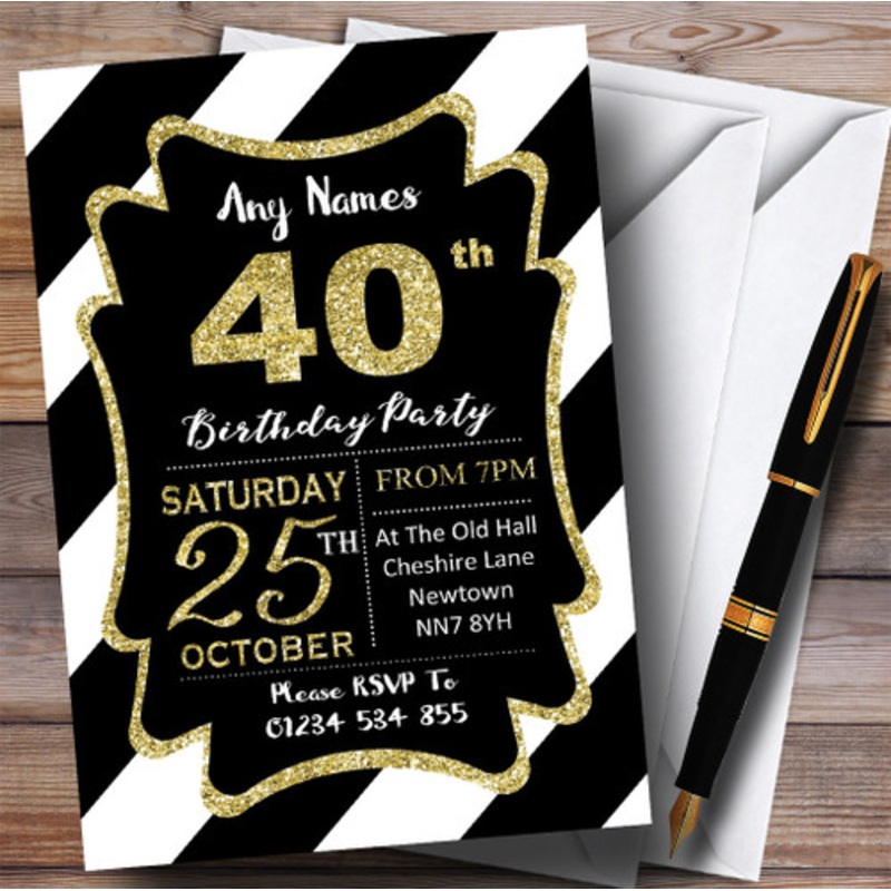 Black White Diagonal Stripes Gold 40th Personalised Birthday Party Invitations – The Card Zoo