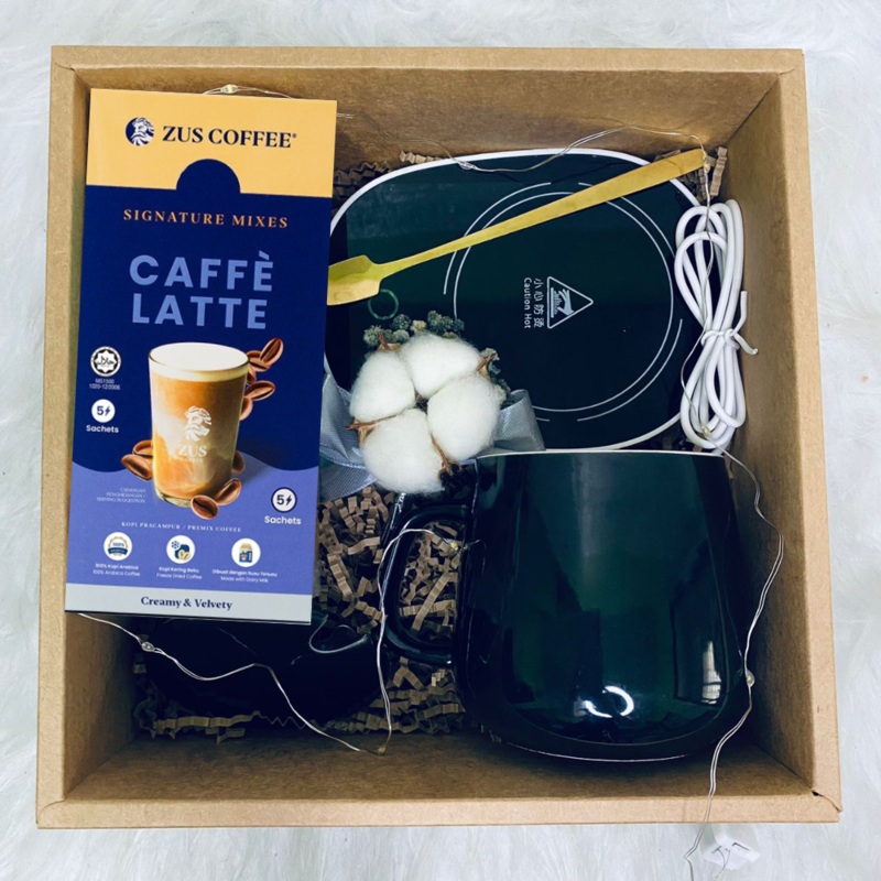 Christmas 2024: Brew My Day Customized Ceramic Mug and Gold spoon, mug warmer heater pad, ZUS Premium Instant premix Coffee & mini cotton flower Gift Set (Klang Valley Delivery)
