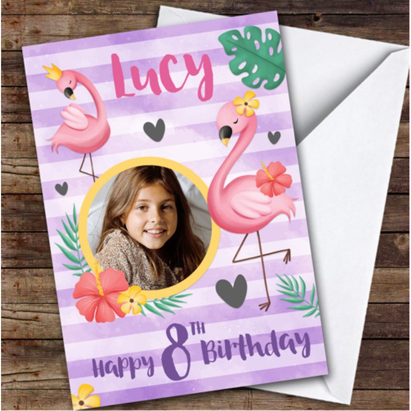 Girl’s Flamingo Pink Purple Photo 8th Birthday Personalised Birthday Card – The Card Zoo