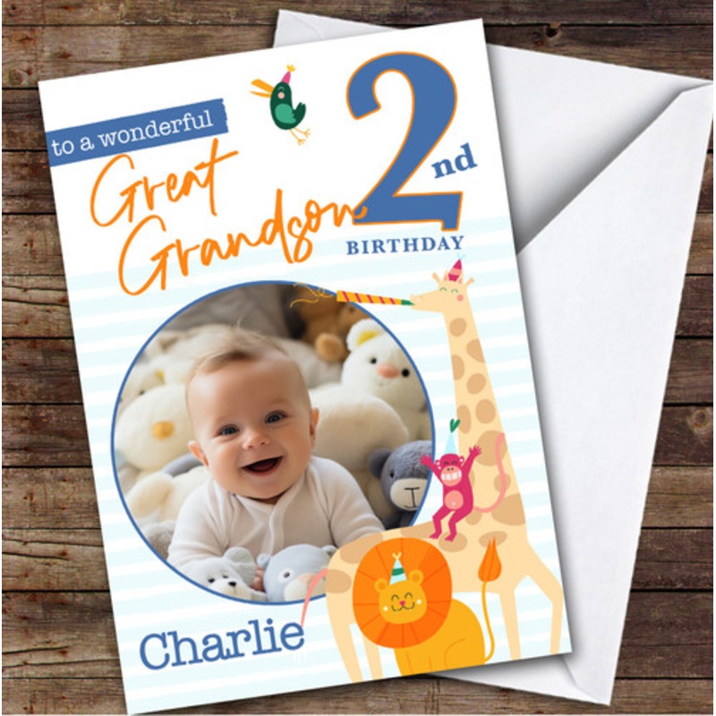 Great Grandson 2nd Party Safari Animals Photo Boys Personalised Birthday Card – The Card Zoo