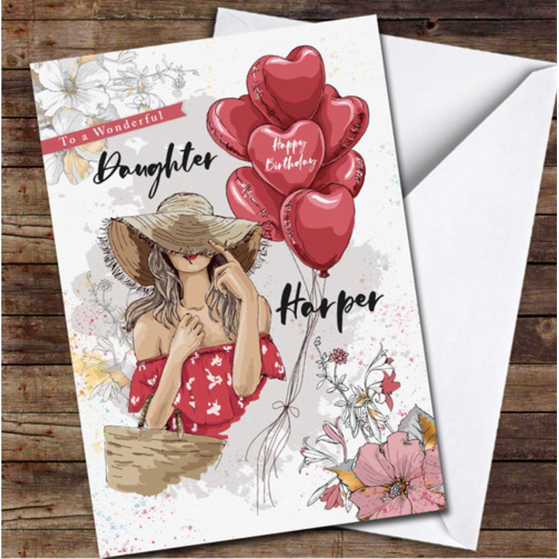 Wonderful Daughter Girl In Hat and Red Heart Balloons Personalised Birthday Card – The Card Zoo