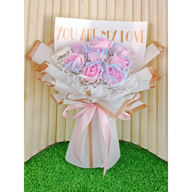 Blue & Pink Soap Rose Bouquet (Artificial Flower) | (Klang Valley Delivery Only)